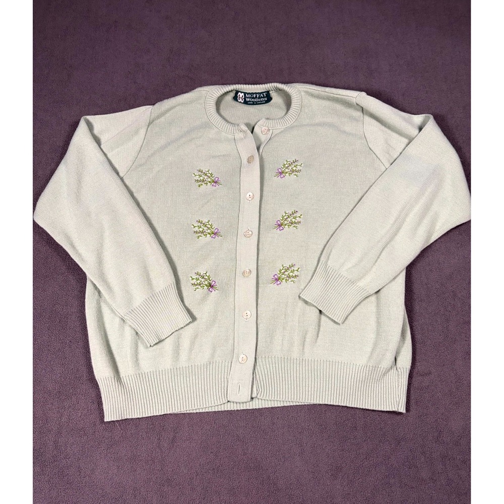 Vintage Moffat Woollens Cardigan Sweater Womens Green Knit Embroidered Floral